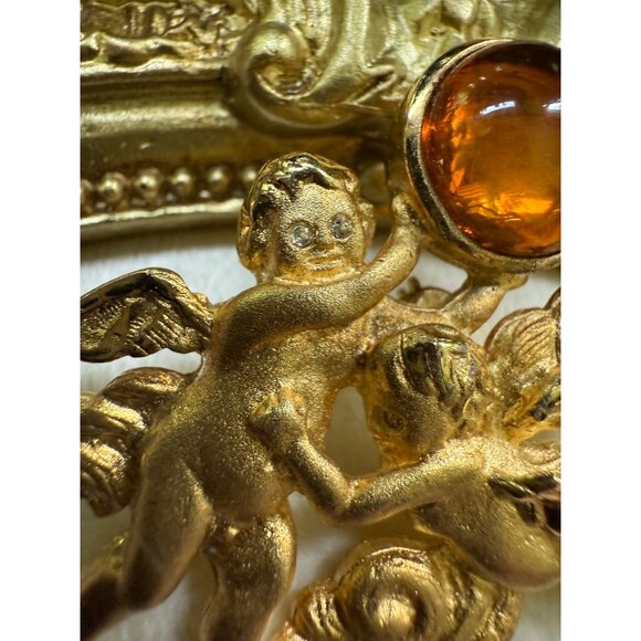 Signed LS Gold Tone  Amber Angels Playing Brooch Pin Creepy Eyes - Picture 2 of 6